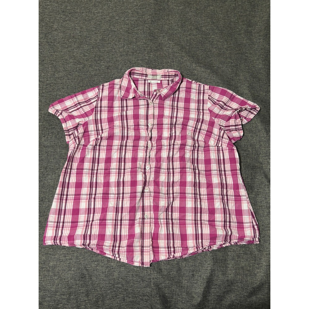 Woman Within Women's 22/24 1X Button Down Shirt Pink Plaid Short Sleeve Cotton